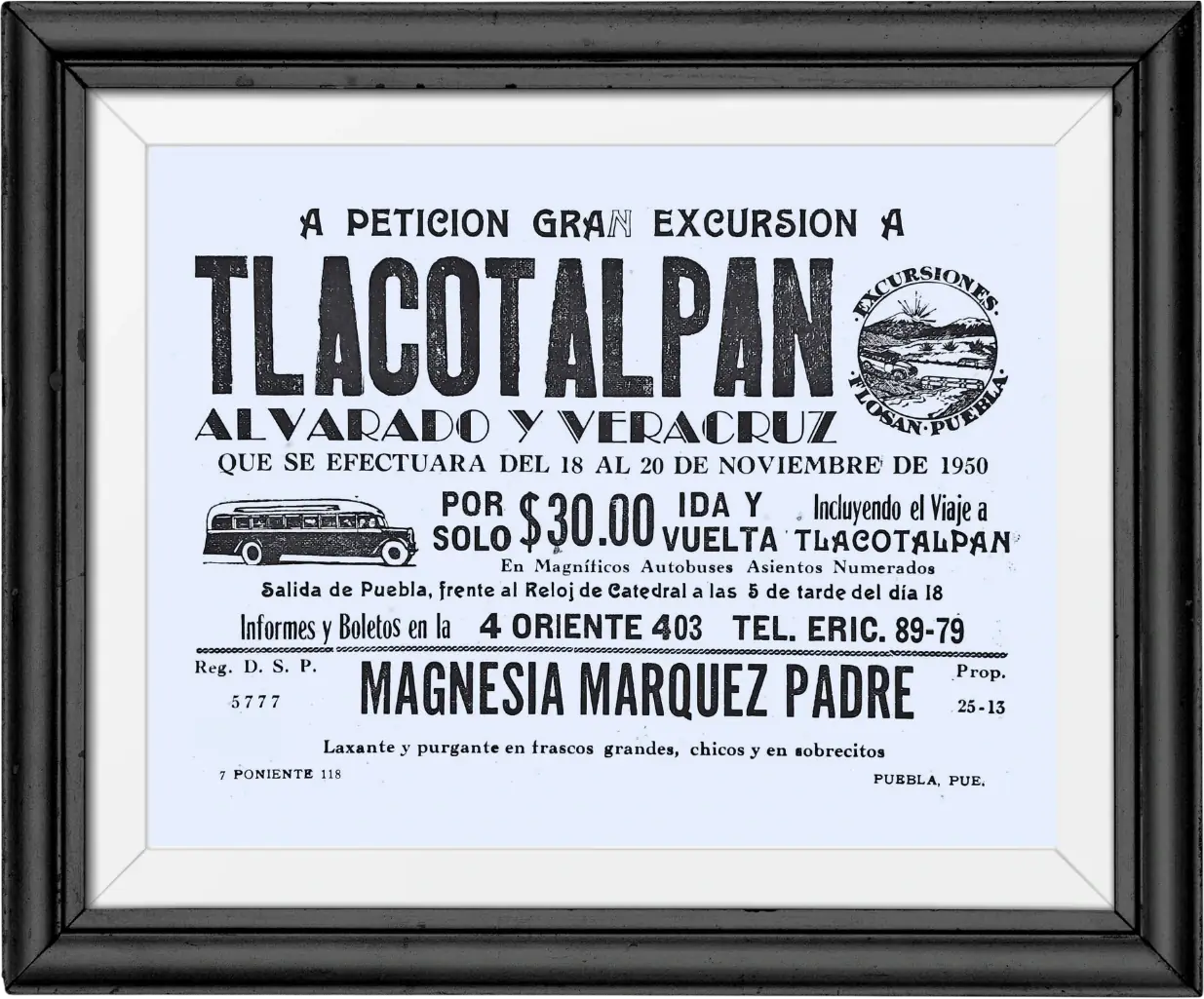 Cartel «A petición gran excursión a Tlacotalpan, Alvarado y Veracruz», del 18 al 20 de noviembre de 1950, por $30.00 ida y vuelta